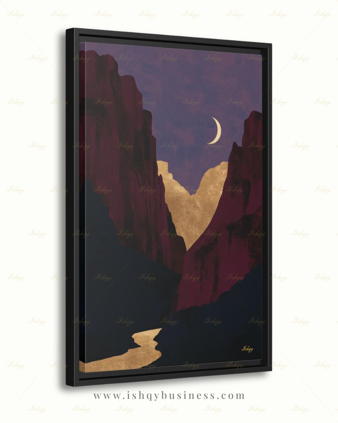 Zion National Park Canvas Wall Art, Magenta Gold Moon Canyon Framed Canvas Print, Modern Minimalist Desert Landscape Painting, Living Room Decor. Zion wall art, Zion print, national park print, Utah wall art, canvas wall art, art print, framed canvas print, southwest decor, magenta gold decor, modern landscape, crescent moon art, living room decor, nature lover gift