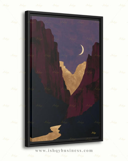 Zion National Park Canvas Wall Art, Magenta Gold Moon Canyon Framed Canvas Print, Modern Minimalist Desert Landscape Painting, Living Room Decor. Zion wall art, Zion print, national park print, Utah wall art, canvas wall art, art print, framed canvas print, southwest decor, magenta gold decor, modern landscape, crescent moon art, living room decor, nature lover gift