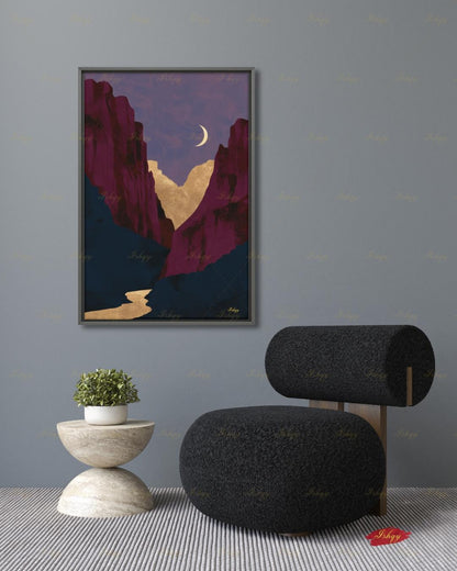 Zion National Park Canvas Wall Art, Magenta Gold Moon Canyon Framed Canvas Print, Modern Minimalist Desert Landscape Painting, Living Room Decor. Zion wall art, Zion print, national park print, Utah wall art, canvas wall art, art print, framed canvas print, southwest decor, magenta gold decor, modern landscape, crescent moon art, living room decor, nature lover gift