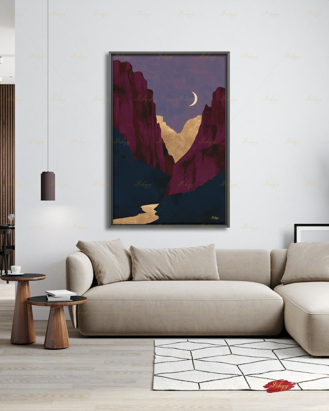 Zion National Park Canvas Wall Art, Magenta Gold Moon Canyon Framed Canvas Print, Modern Minimalist Desert Landscape Painting, Living Room Decor. Zion wall art, Zion print, national park print, Utah wall art, canvas wall art, art print, framed canvas print, southwest decor, magenta gold decor, modern landscape, crescent moon art, living room decor, nature lover gift