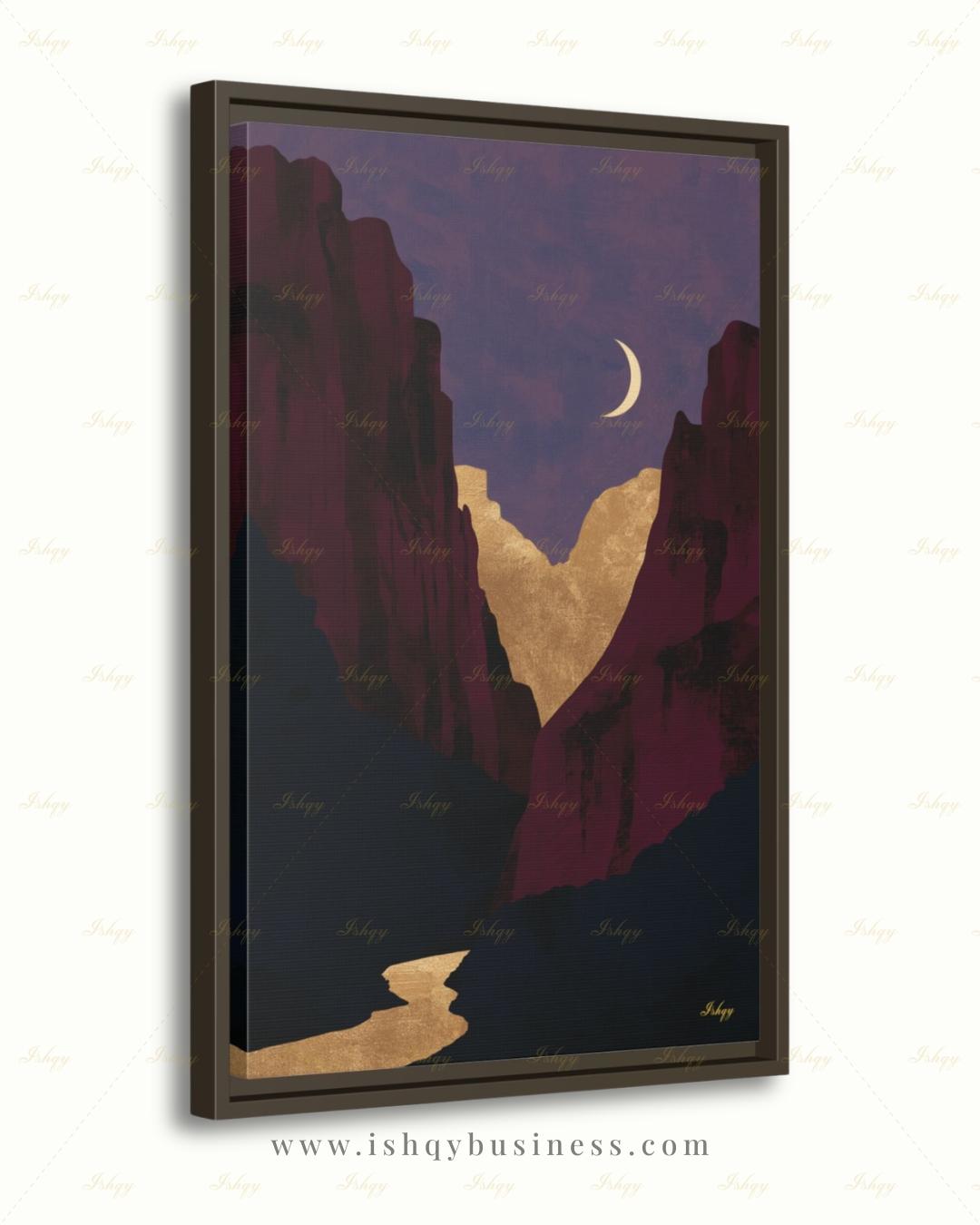 Zion National Park Canvas Wall Art, Magenta Gold Moon Canyon Framed Canvas Print, Modern Minimalist Desert Landscape Painting, Living Room Decor. Zion wall art, Zion print, national park print, Utah wall art, canvas wall art, art print, framed canvas print, southwest decor, magenta gold decor, modern landscape, crescent moon art, living room decor, nature lover gift