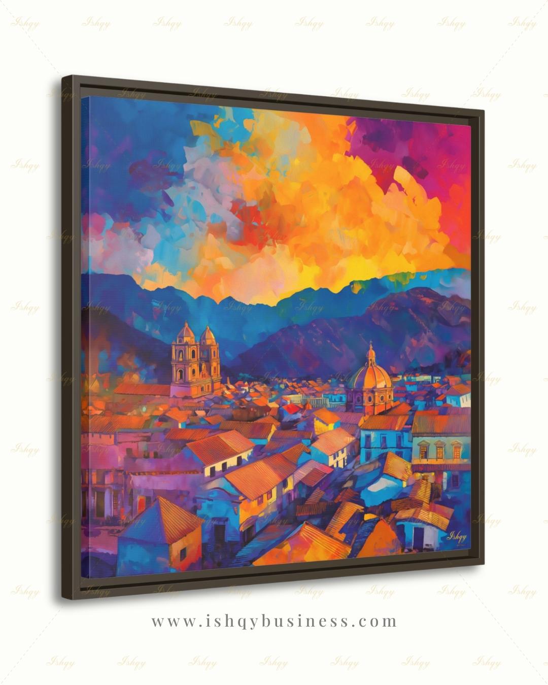 Cusco Wall Art, Colorful Peru Sunset Skyline Canvas Print, Vibrant Andes Cityscape Decor, Latin America Travel Art, Framed Canvas Gift