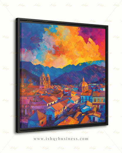 Cusco Wall Art, Colorful Peru Sunset Skyline Canvas Print, Vibrant Andes Cityscape Decor, Latin America Travel Art, Framed Canvas Gift