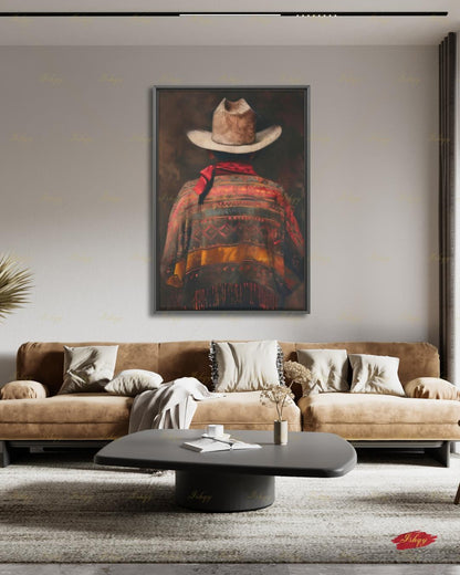 Mexican Cowboy Wall Art, Charro Poncho Canvas Print, Dark Moody Latin Man Decor, Western Folk Art, Boho Framed Canvas, Gift for Him