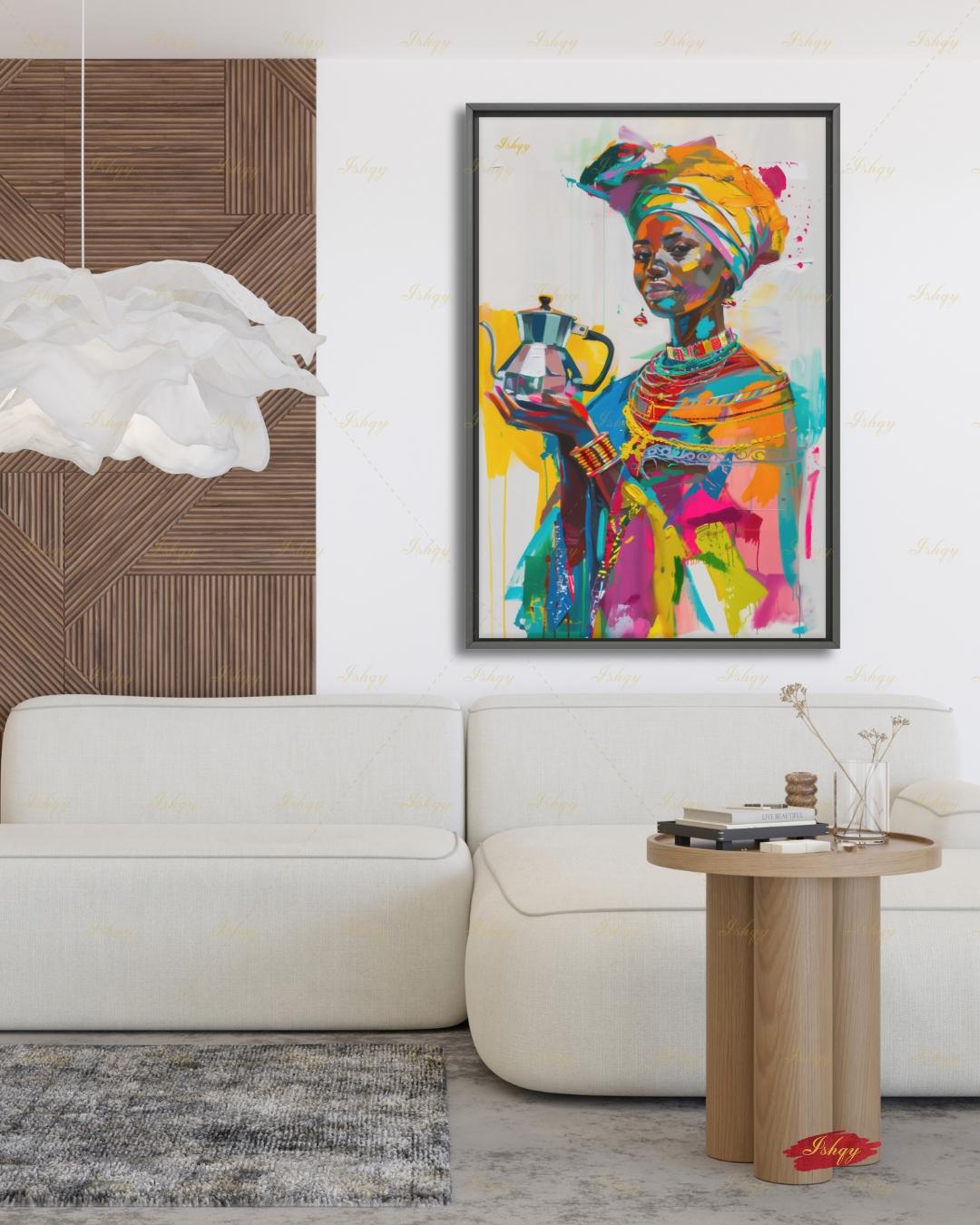 Ethiopian Woman Wall Art, African Coffee Ceremony Canvas Print, Bold Colorful Black Woman Decor, Jebena Portrait Framed Canvas Gift