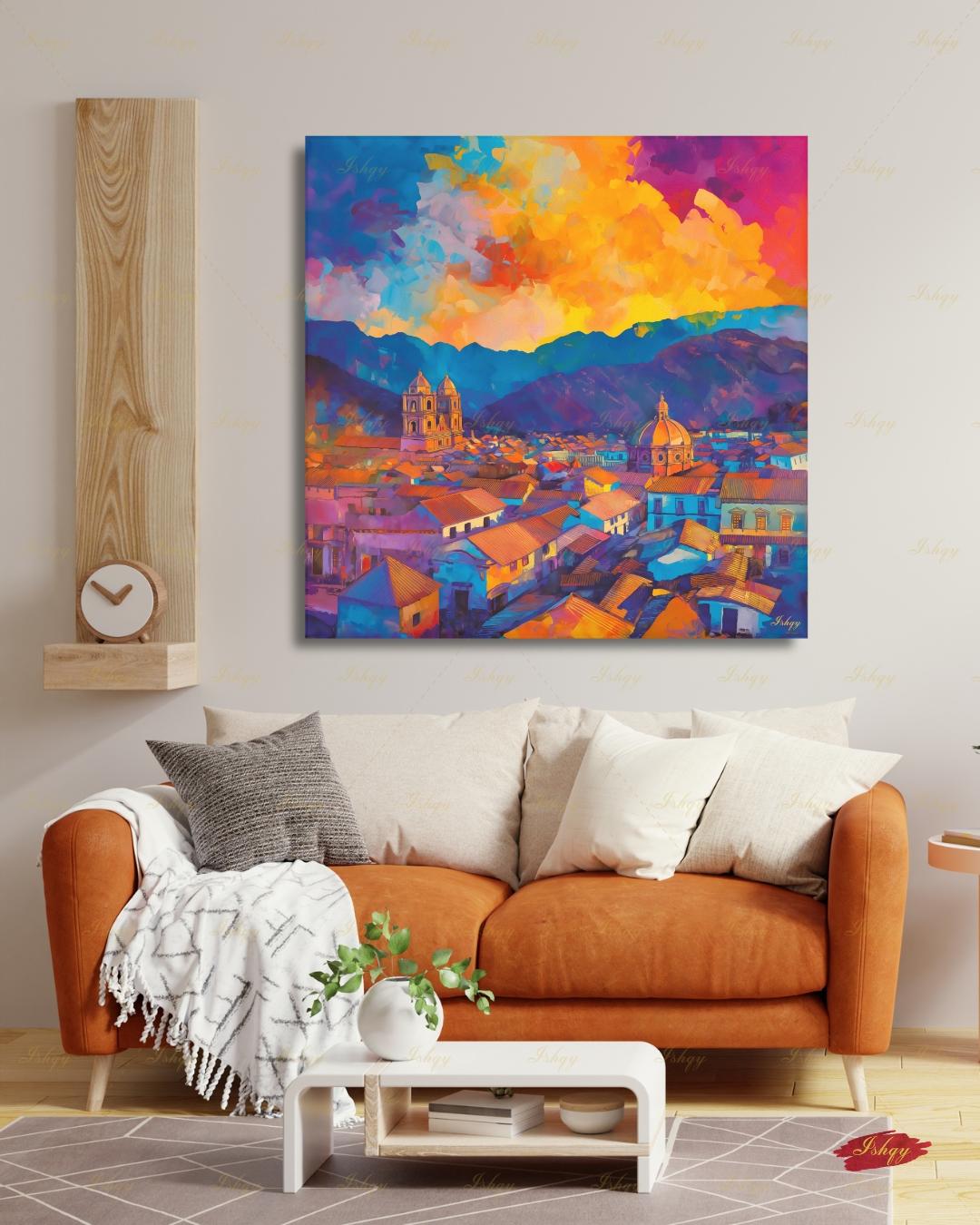 Cusco Wall Art, Colorful Peru Sunset Skyline Canvas Print, Vibrant Andes Cityscape Decor, Latin America Travel Art, Framed Canvas Gift