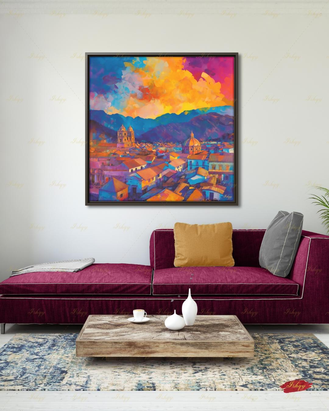 Cusco Wall Art, Colorful Peru Sunset Skyline Canvas Print, Vibrant Andes Cityscape Decor, Latin America Travel Art, Framed Canvas Gift