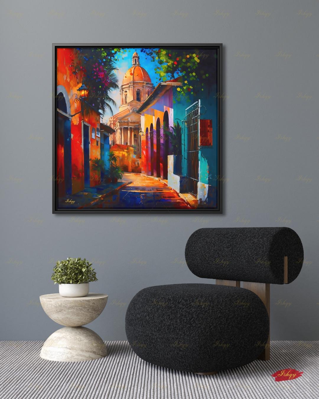 Oversized Santo Domingo Canvas Wall Art, Dominican Colonial Framed Canvas Print, Extra Large Textured Street Oil Painting, Apartment Decor