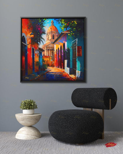 Oversized Santo Domingo Canvas Wall Art, Dominican Colonial Framed Canvas Print, Extra Large Textured Street Oil Painting, Apartment Decor