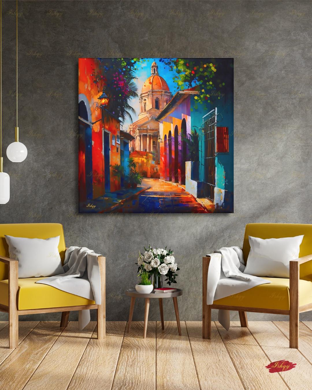 Oversized Santo Domingo Canvas Wall Art, Dominican Colonial Framed Canvas Print, Extra Large Textured Street Oil Painting, Apartment Decor