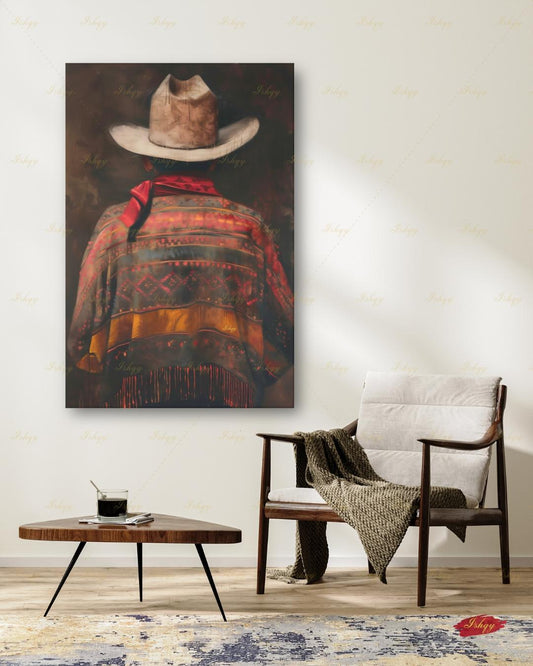 Mexican Cowboy Wall Art, Charro Poncho Canvas Print, Dark Moody Latin Man Decor, Western Folk Art, Boho Framed Canvas, Gift for Him