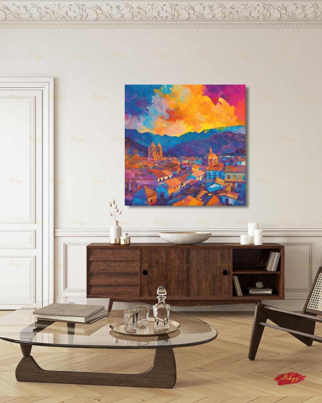 Cusco Wall Art, Colorful Peru Sunset Skyline Canvas Print, Vibrant Andes Cityscape Decor, Latin America Travel Art, Framed Canvas Gift