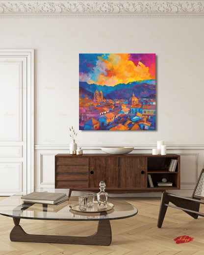Cusco Wall Art, Colorful Peru Sunset Skyline Canvas Print, Vibrant Andes Cityscape Decor, Latin America Travel Art, Framed Canvas Gift