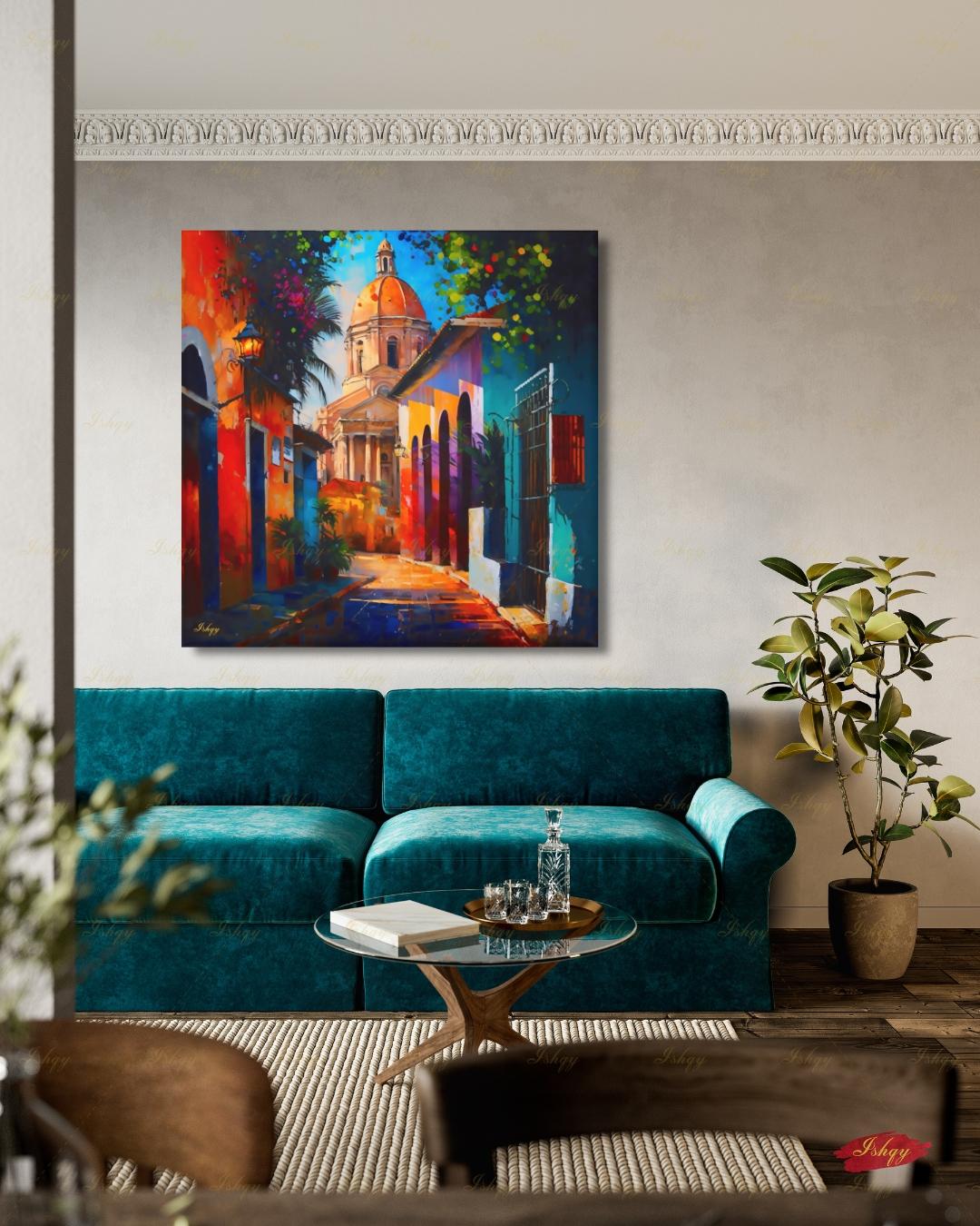 Oversized Santo Domingo Canvas Wall Art, Dominican Colonial Framed Canvas Print, Extra Large Textured Street Oil Painting, Apartment Decor