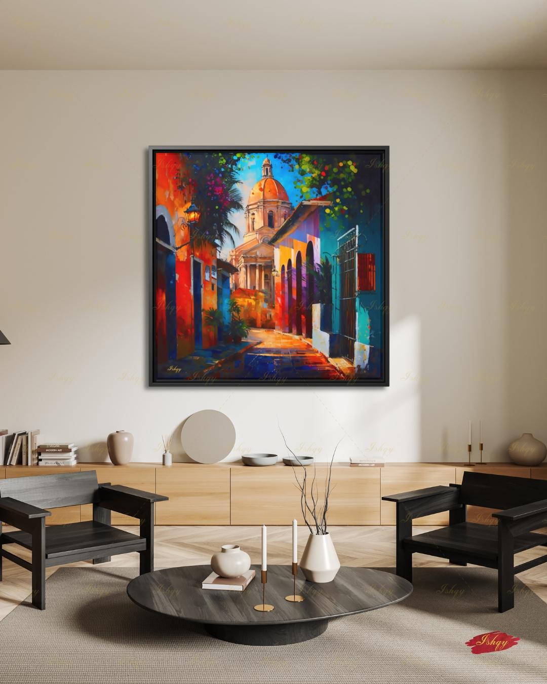 Oversized Santo Domingo Canvas Wall Art, Dominican Colonial Framed Canvas Print, Extra Large Textured Street Oil Painting, Apartment Decor