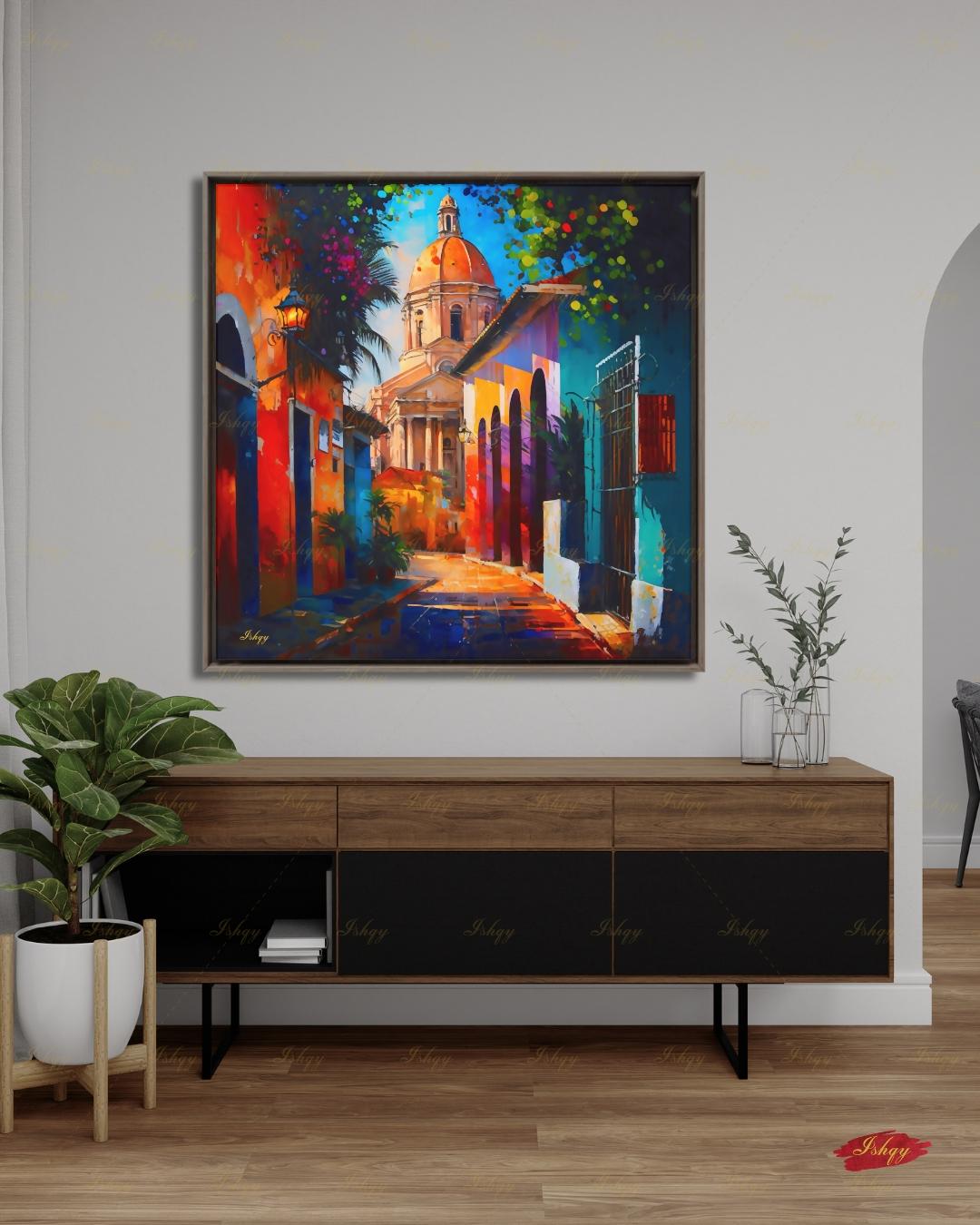 Oversized Santo Domingo Canvas Wall Art, Dominican Colonial Framed Canvas Print, Extra Large Textured Street Oil Painting, Apartment Decor