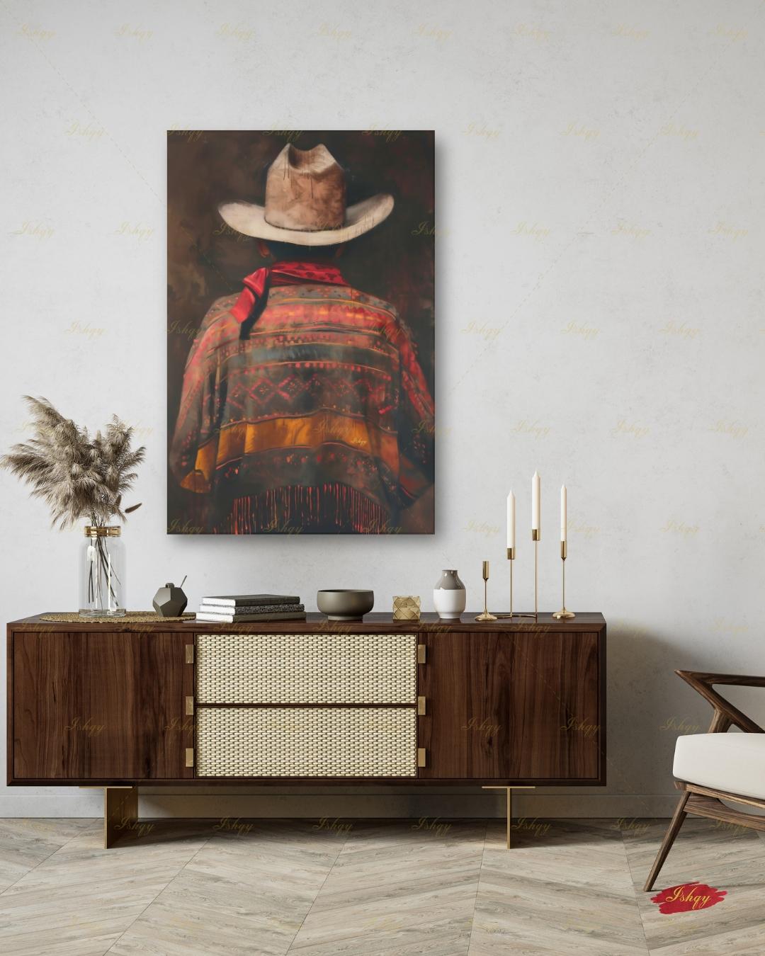 Mexican Cowboy Wall Art, Charro Poncho Canvas Print, Dark Moody Latin Man Decor, Western Folk Art, Boho Framed Canvas, Gift for Him