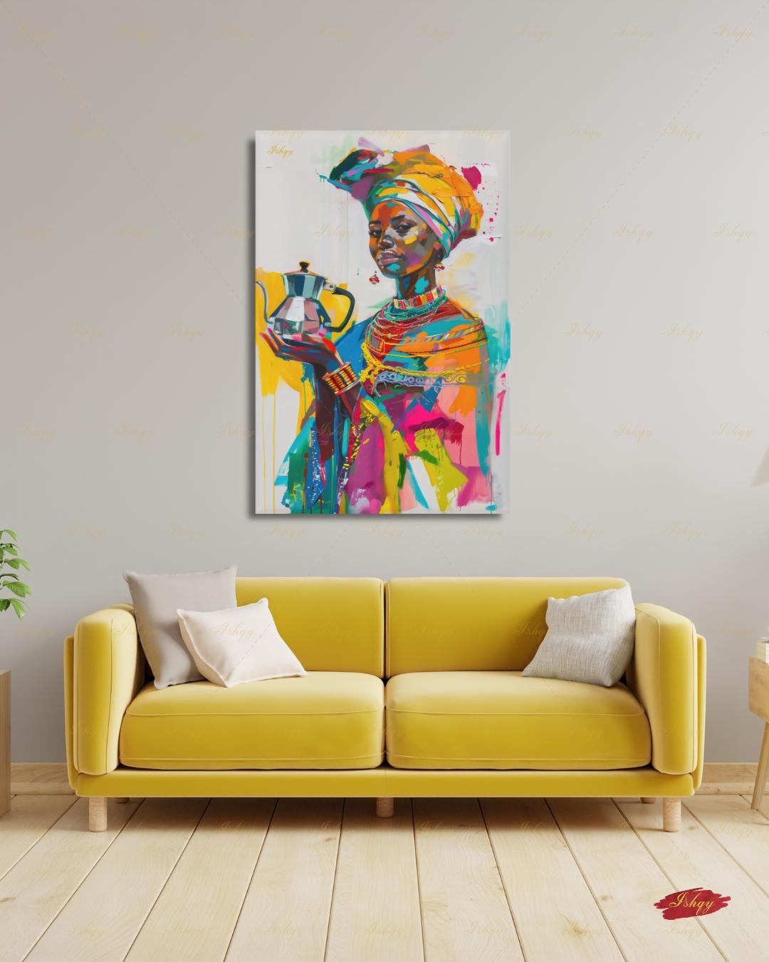 Ethiopian Woman Wall Art, African Coffee Ceremony Canvas Print, Bold Colorful Black Woman Decor, Jebena Portrait Framed Canvas Gift
