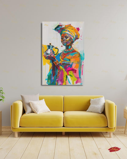 Ethiopian Woman Wall Art, African Coffee Ceremony Canvas Print, Bold Colorful Black Woman Decor, Jebena Portrait Framed Canvas Gift