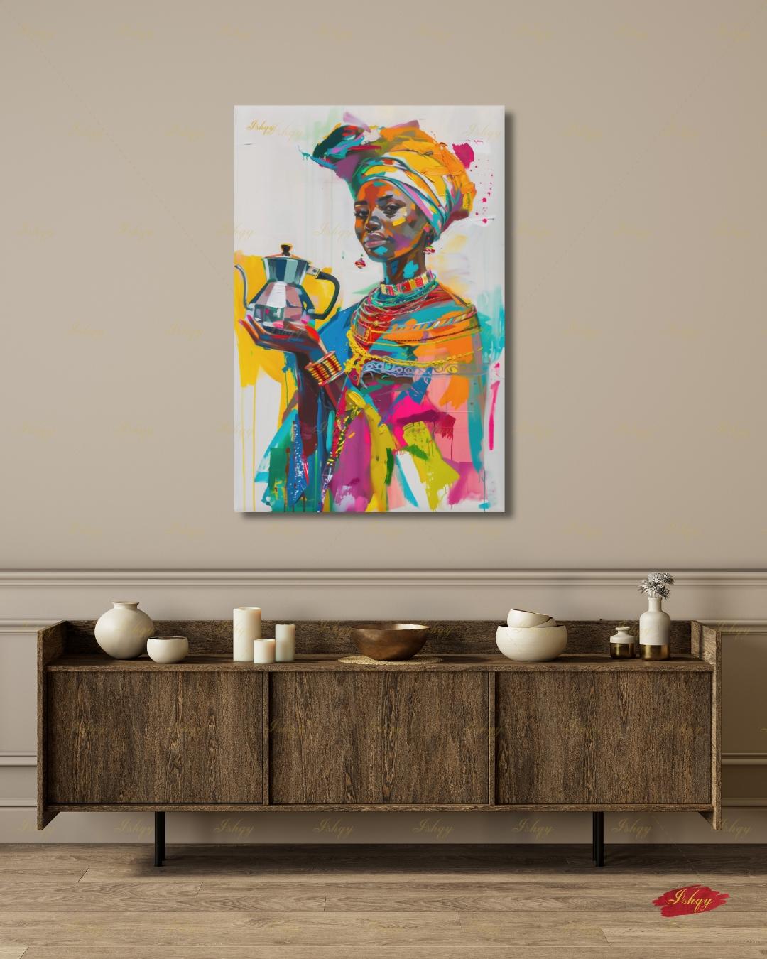 Ethiopian Woman Wall Art, African Coffee Ceremony Canvas Print, Bold Colorful Black Woman Decor, Jebena Portrait Framed Canvas Gift