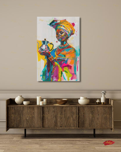 Ethiopian Woman Wall Art, African Coffee Ceremony Canvas Print, Bold Colorful Black Woman Decor, Jebena Portrait Framed Canvas Gift