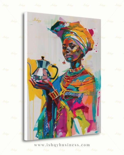 Ethiopian Woman Wall Art, African Coffee Ceremony Canvas Print, Bold Colorful Black Woman Decor, Jebena Portrait Framed Canvas Gift