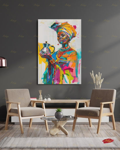 Ethiopian Woman Wall Art, African Coffee Ceremony Canvas Print, Bold Colorful Black Woman Decor, Jebena Portrait Framed Canvas Gift