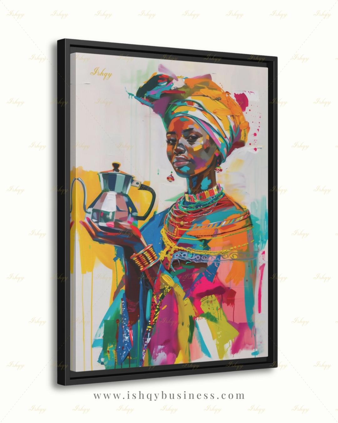 Ethiopian Woman Wall Art, African Coffee Ceremony Canvas Print, Bold Colorful Black Woman Decor, Jebena Portrait Framed Canvas Gift