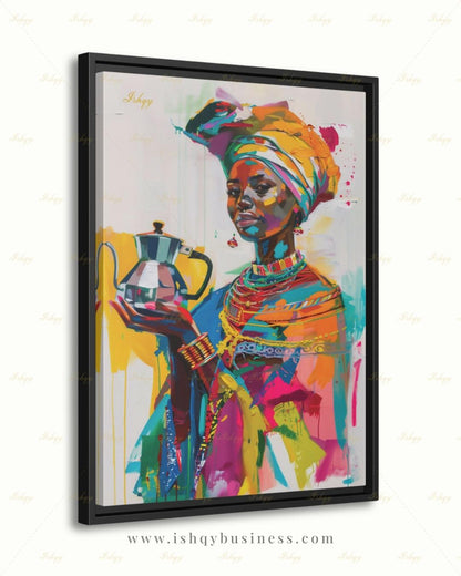 Ethiopian Woman Wall Art, African Coffee Ceremony Canvas Print, Bold Colorful Black Woman Decor, Jebena Portrait Framed Canvas Gift