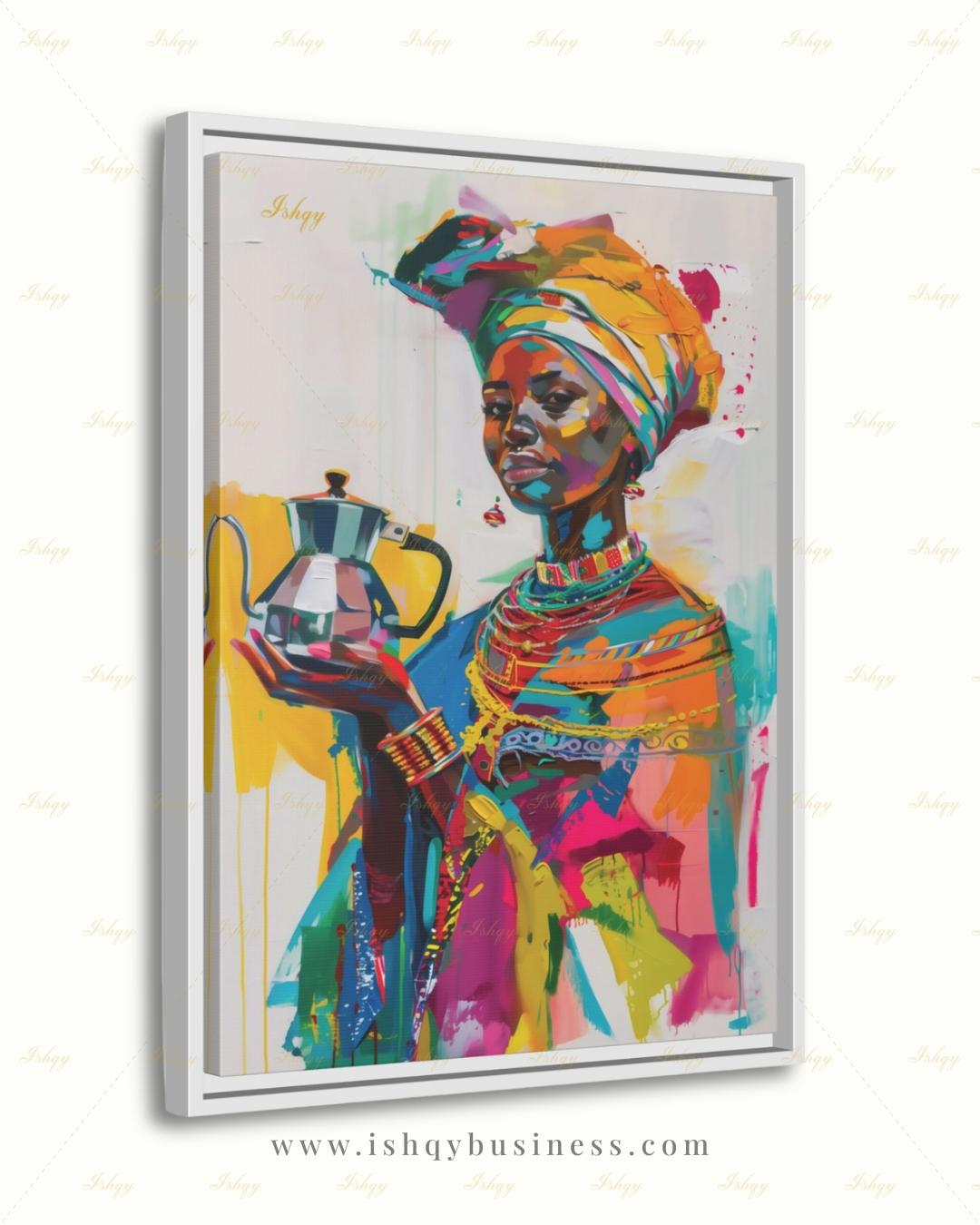 Ethiopian Woman Wall Art, African Coffee Ceremony Canvas Print, Bold Colorful Black Woman Decor, Jebena Portrait Framed Canvas Gift