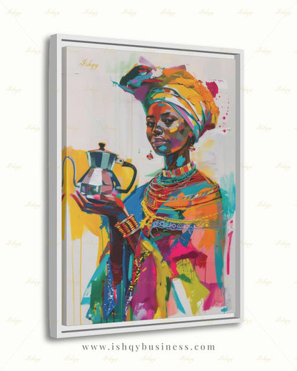 Ethiopian Woman Wall Art, African Coffee Ceremony Canvas Print, Bold Colorful Black Woman Decor, Jebena Portrait Framed Canvas Gift
