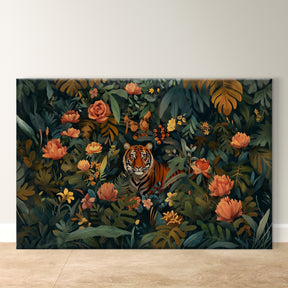 Jungle Tiger Wall Art - Exotic Wildlife Canvas, Lush Botanical Decor, Vibrant Nature Print, Tropical Home Artwork, Majestic Animal