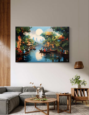 Floating Market Art, Mekong Vietnam - Framed Canvas, Vibrant Southeast Asian Decor, River Scene Poster, Travel Home Gift Idea