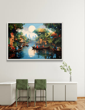 Floating Market Art, Mekong Vietnam - Framed Canvas, Vibrant Southeast Asian Decor, River Scene Poster, Travel Home Gift Idea