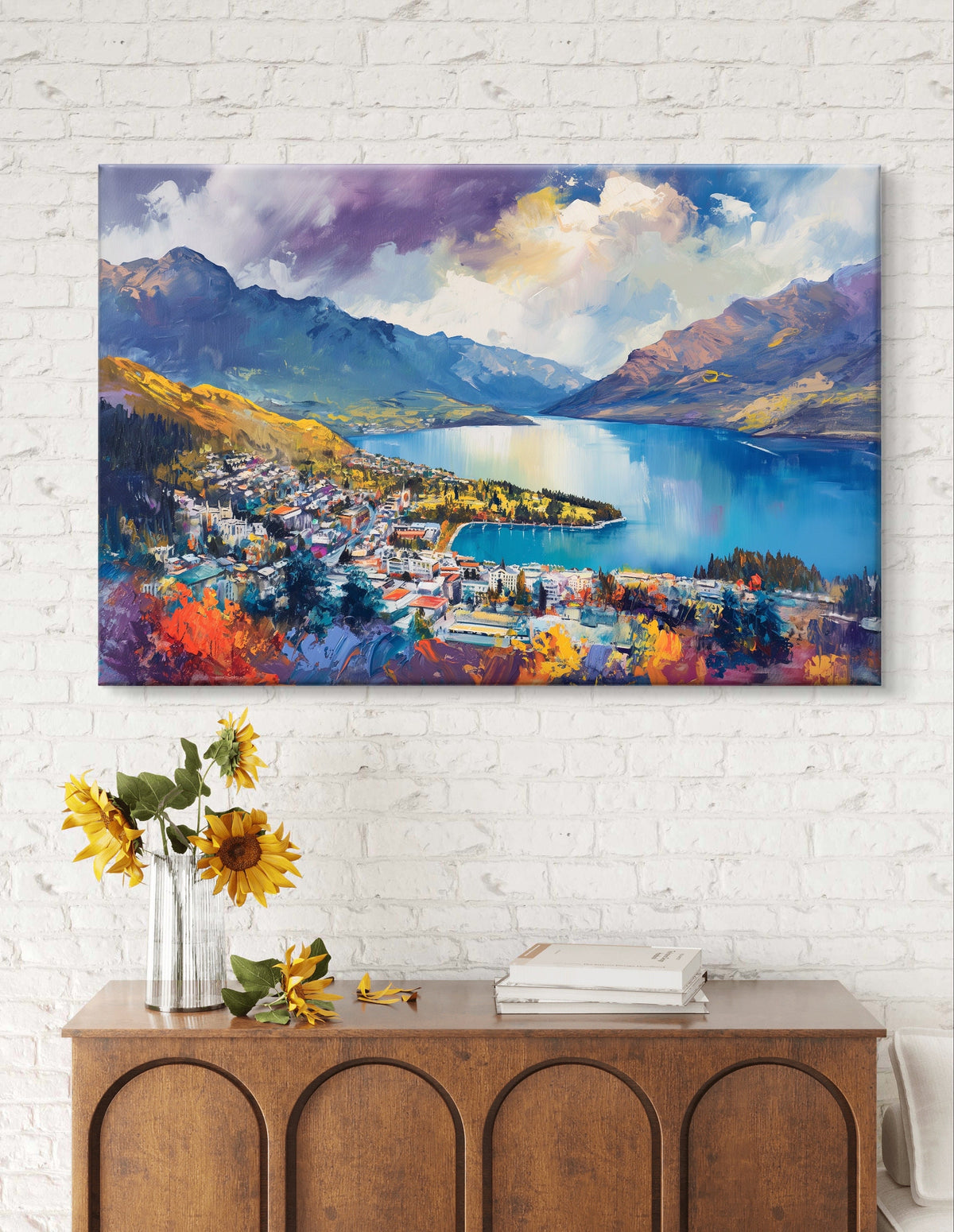 Queenstown Wall Art, New Zealand Print - Scenic Lake View Painting, Vibrant Alpine Landscape Art for Nature Lovers and Travel-Inspired Decor