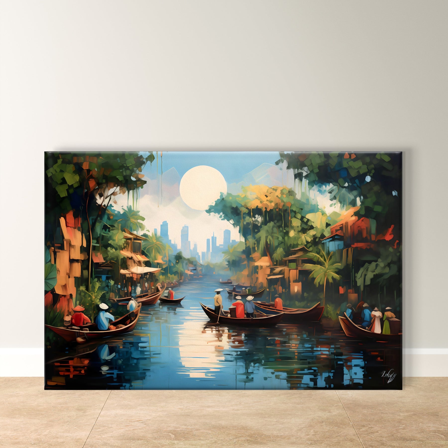 Floating Market Art, Mekong Vietnam - Framed Canvas, Vibrant Southeast Asian Decor, River Scene Poster, Travel Home Gift Idea