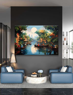 Floating Market Art, Mekong Vietnam - Framed Canvas, Vibrant Southeast Asian Decor, River Scene Poster, Travel Home Gift Idea