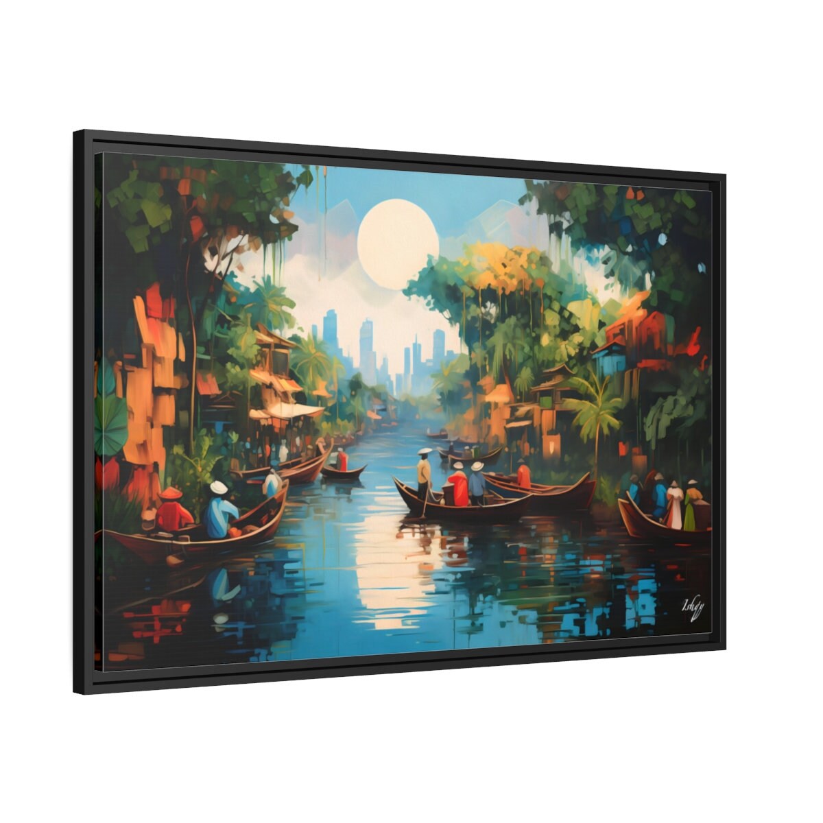 Floating Market Art, Mekong Vietnam - Framed Canvas, Vibrant Southeast Asian Decor, River Scene Poster, Travel Home Gift Idea