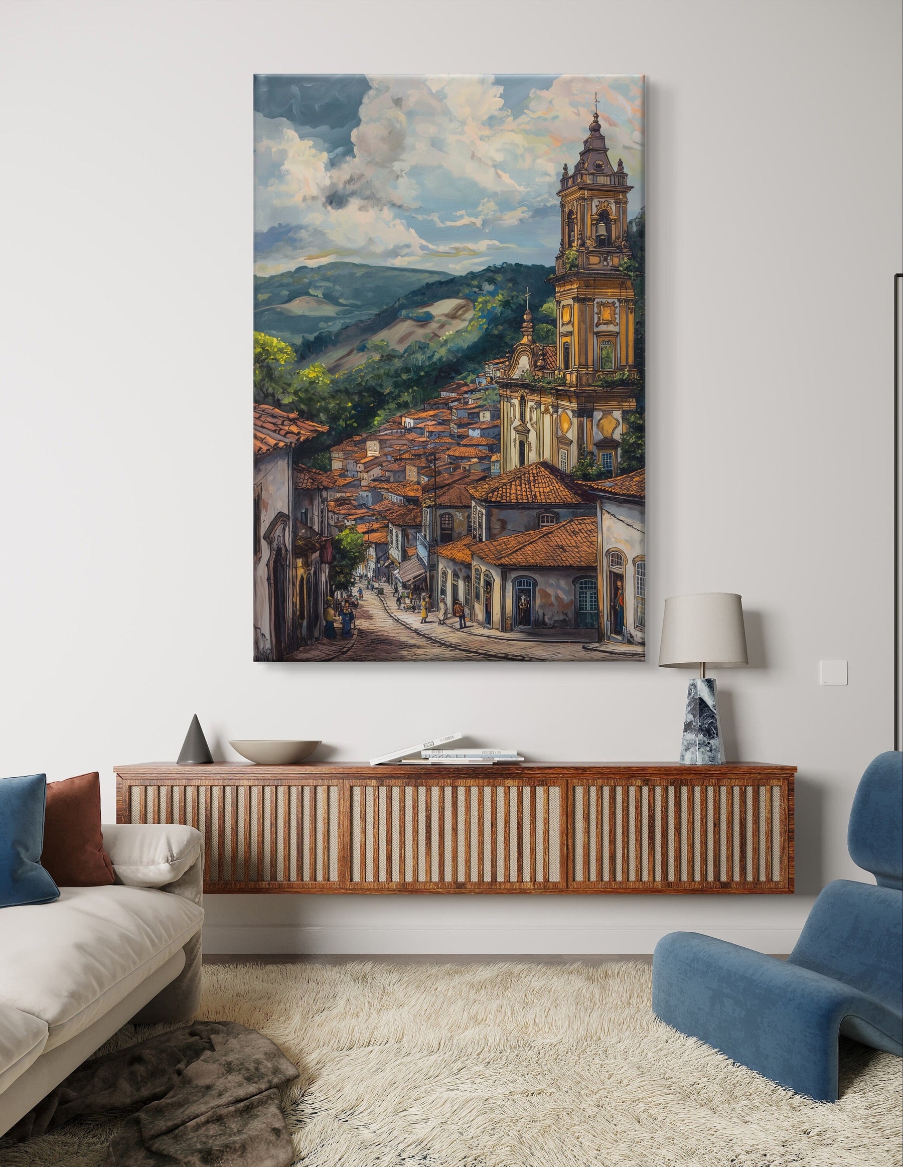 Ouro Preto Street Scene - Historic Brazil Artwork, Colonial Architecture Painting, Vibrant Landscape Wall Art, Cultural Home Decor, Unique Gift Idea