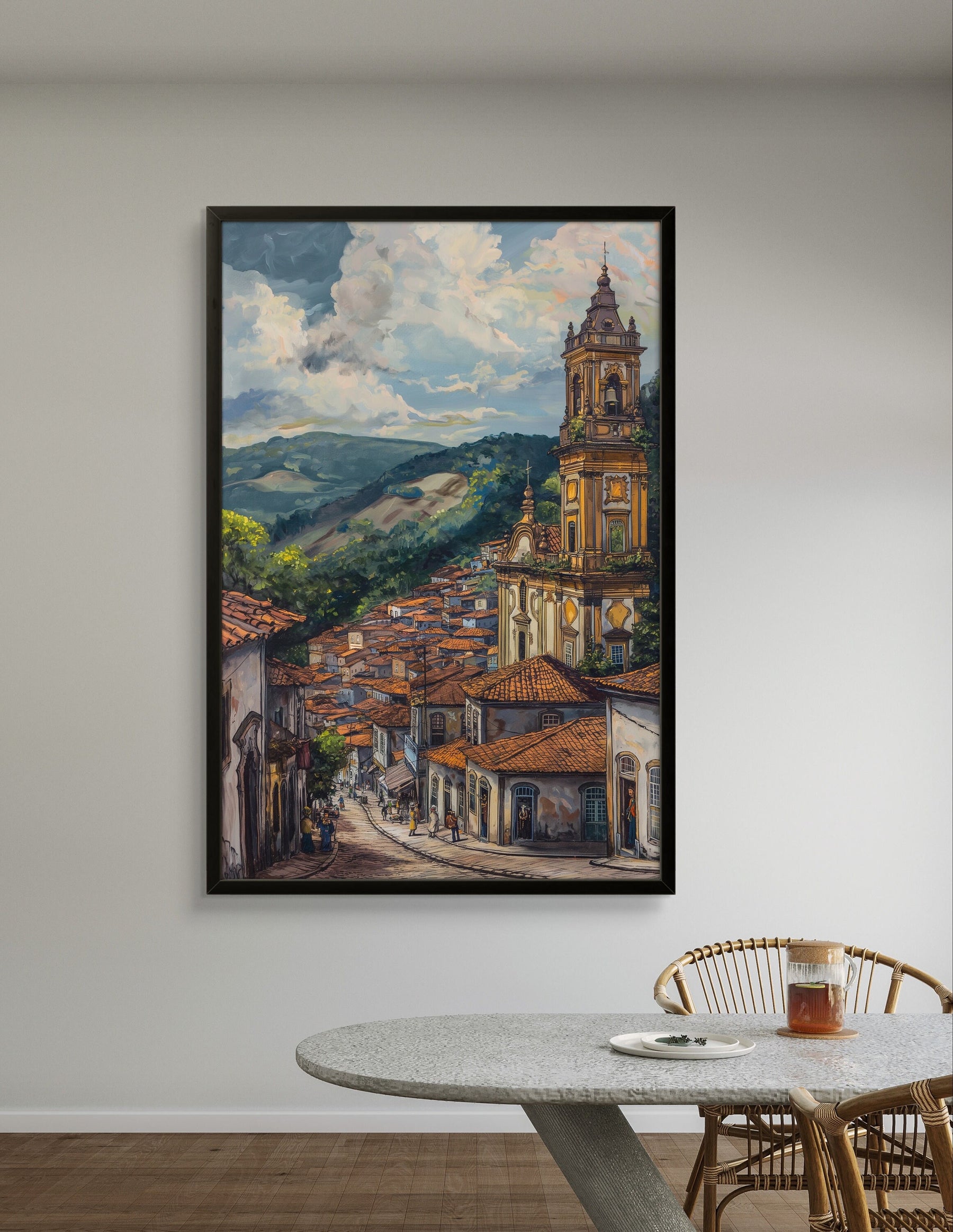 Ouro Preto Street Scene - Historic Brazil Artwork, Colonial Architecture Painting, Vibrant Landscape Wall Art, Cultural Home Decor, Unique Gift Idea