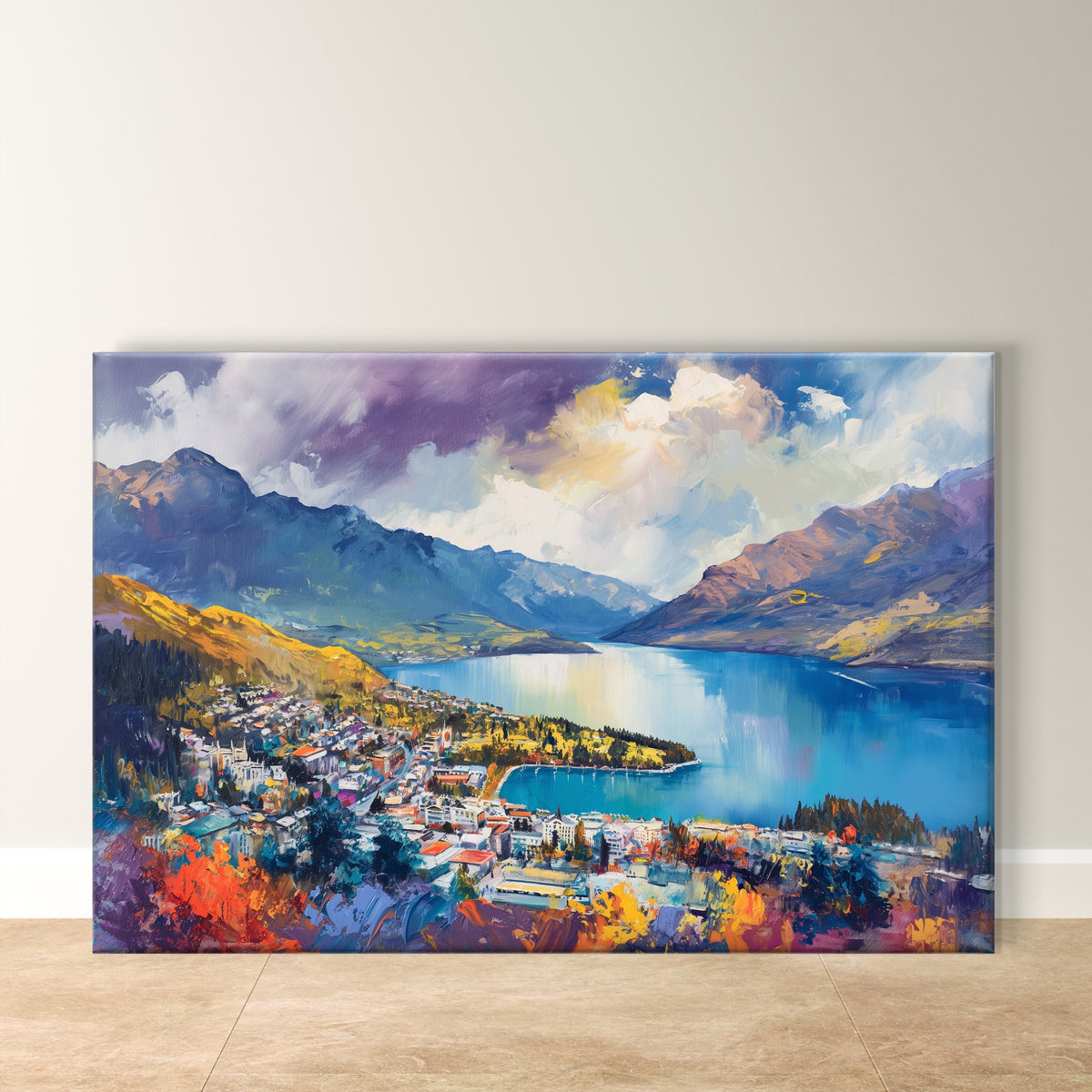 Queenstown Wall Art, New Zealand Print - Scenic Lake View Painting, Vibrant Alpine Landscape Art for Nature Lovers and Travel-Inspired Decor