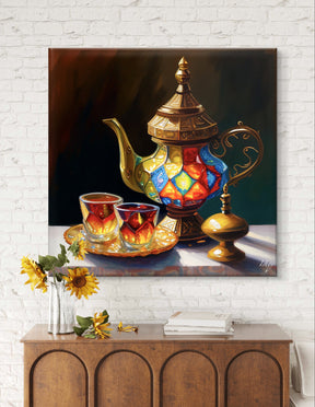 Moroccan Tea Art, Islamic Decor - Colorful Teapot Canvas, Middle Eastern Home Print, Arabic Coffee Wall Art, Elegant Kitchen Painting Print