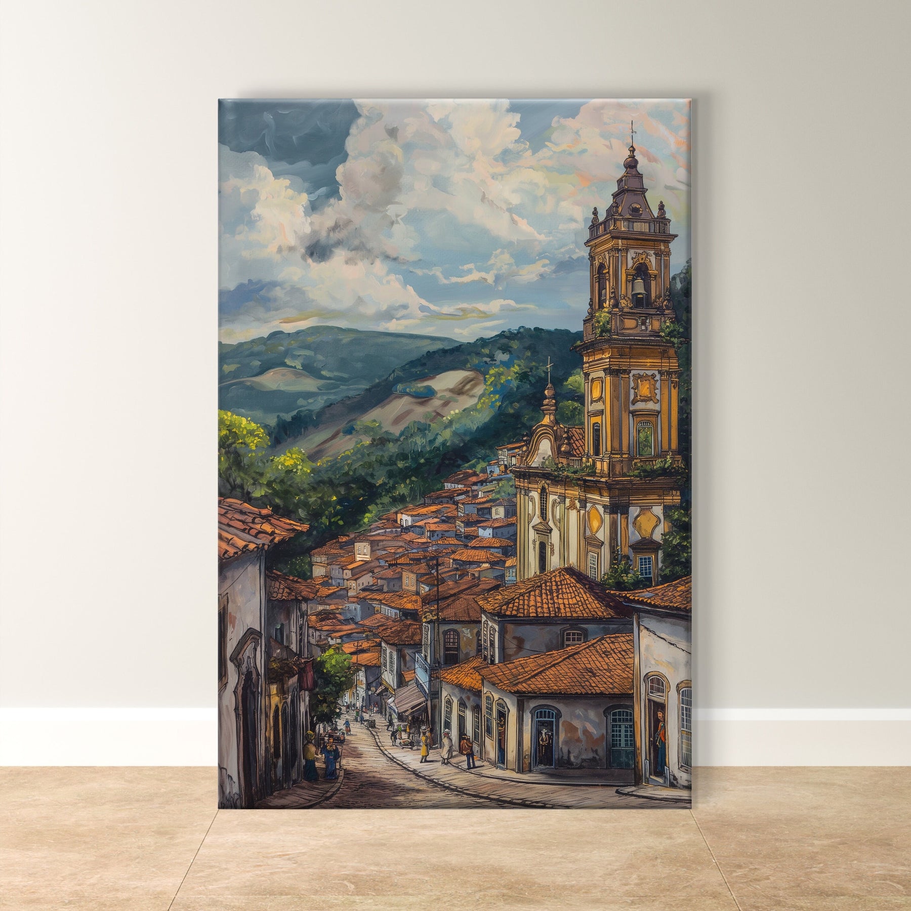 Ouro Preto Street Scene - Historic Brazil Artwork, Colonial Architecture Painting, Vibrant Landscape Wall Art, Cultural Home Decor, Unique Gift Idea