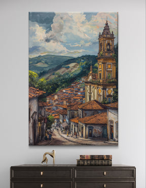 Ouro Preto Street Scene - Historic Brazil Artwork, Colonial Architecture Painting, Vibrant Landscape Wall Art, Cultural Home Decor, Unique Gift Idea