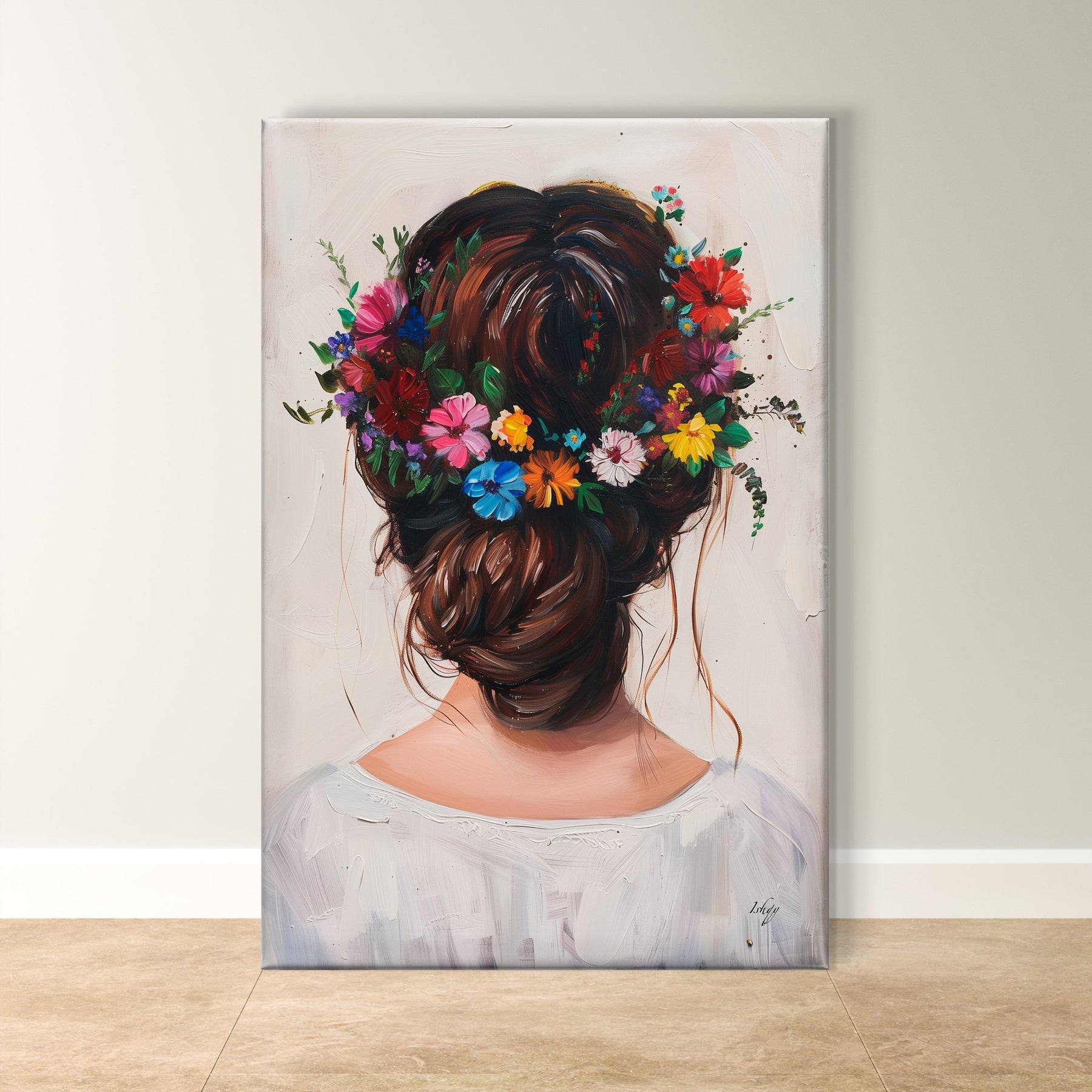 Floral Hair Wall Art, Elegant Painting Print - Romantic Back View Canvas, Nature-Inspired Decor, Perfect Gift for Bedroom or Salon Spaces