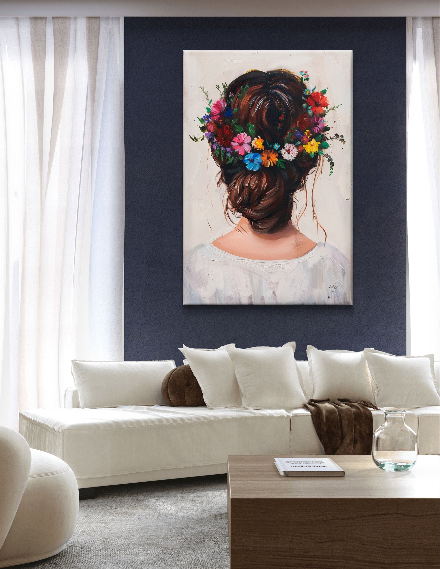 Floral Hair Wall Art, Elegant Painting Print - Romantic Back View Canvas, Nature-Inspired Decor, Perfect Gift for Bedroom or Salon Spaces