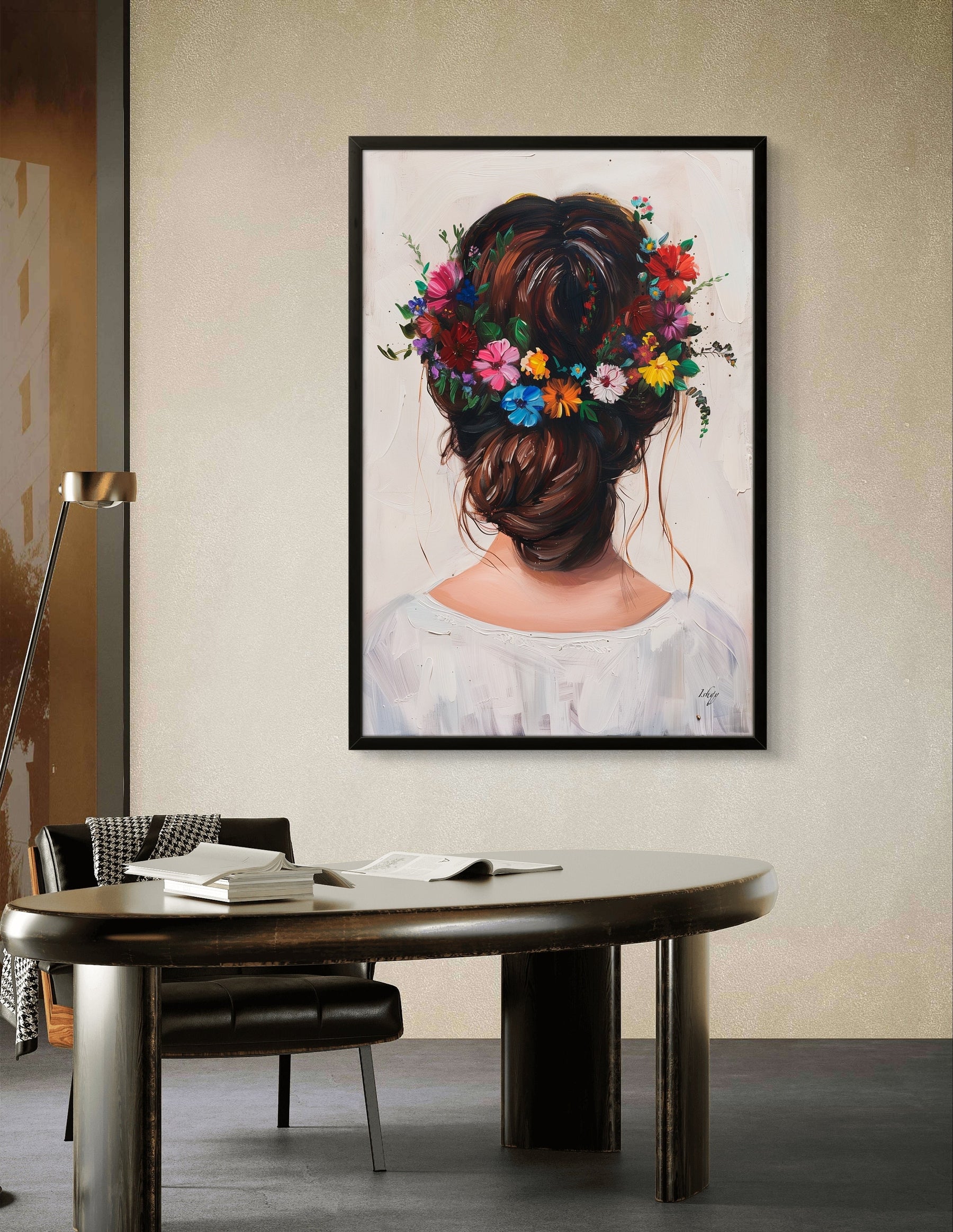 Floral Hair Wall Art, Elegant Painting Print - Romantic Back View Canvas, Nature-Inspired Decor, Perfect Gift for Bedroom or Salon Spaces