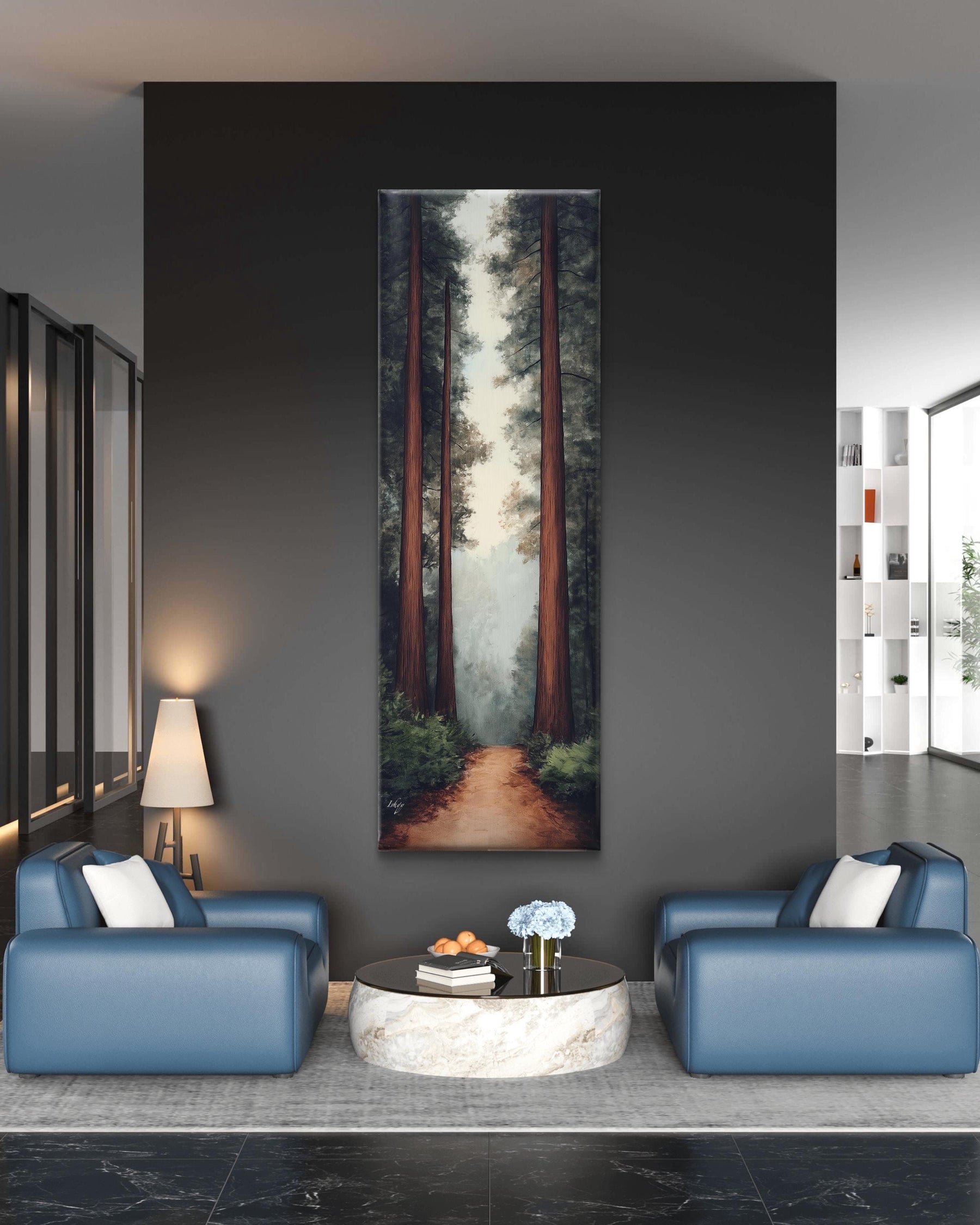 Tall Tree Art, Forest Path Print, Serene Woodland Wall Art, Framed Nature Decor, Long Canvas, Living Room Art, Framed Forest Landscape, Hallway Decor