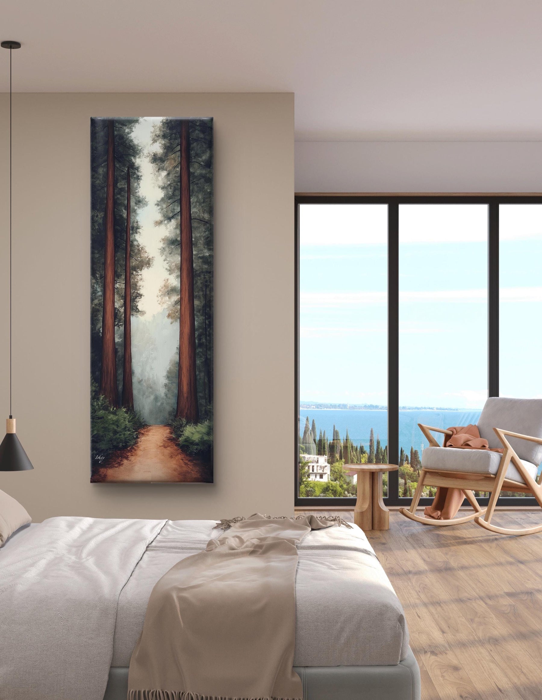 Tall Tree Art, Forest Path Print, Serene Woodland Wall Art, Framed Nature Decor, Long Canvas, Living Room Art, Framed Forest Landscape, Hallway Decor