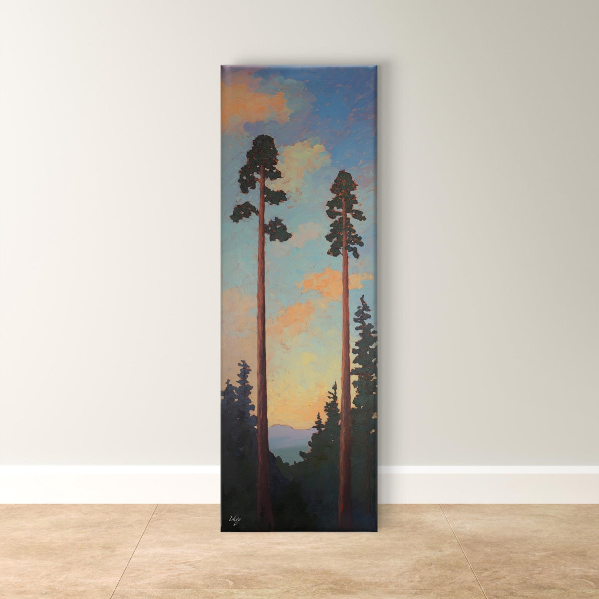 Mountain Sunset Art, Pine Tree Wall Decor, Vertical Forest Art, Tranquil Nature Print, Framed Sunset Forest, Peaceful Living Room Art, Pine Tree Decor